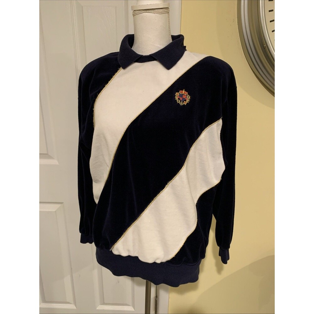 Vintage Aileen Women's Navy White Velour Shirt Top Blouse Shoulder Pads Retro L